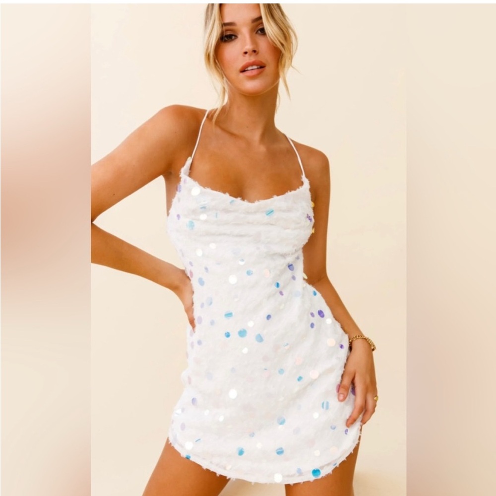 Selfie Leslie Candid Moment Strappy Cowl Neck Sequin White Mini Dress Large NWT